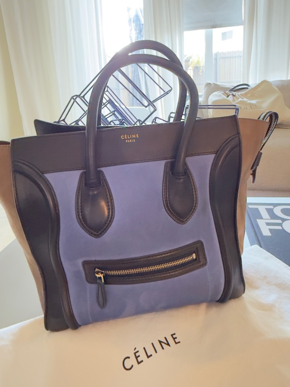 Céline Medium Luggage Tote Bag Tricolor Blue Black Taupe Leather